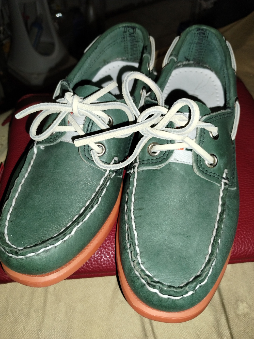 Chant University Of Miami (The U) Green Leather Boat Shoes With Orange Souls